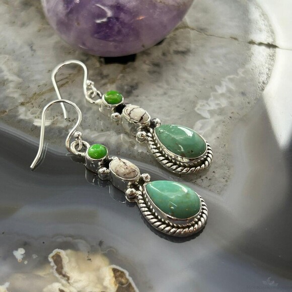 Sterling Silver Southwestern Style Multistone Dangle Earrings For Women #13 - Picture 3 of 10